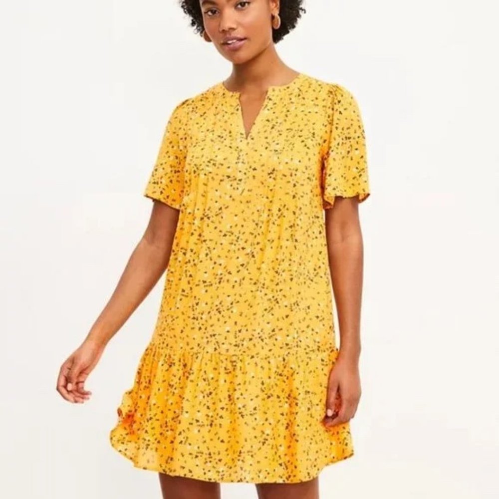 LOFT Floral Pintucked Flounce Dress (Size: M)
